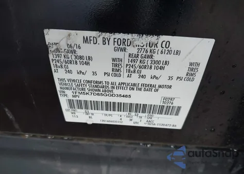 2016 Ford Explorer Xlt from USA, damaged, VIN 1FM5K7D85GGD35485